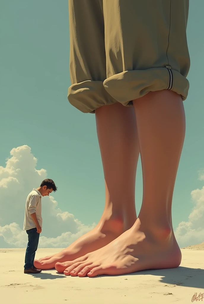 An extremely small adult man 5cm tall sniffing the sole of the foot of a giant white man with beautiful feet.