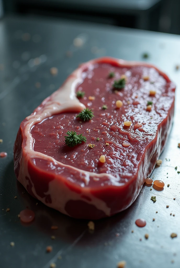 Piece of meat with foreign matter on a metal table