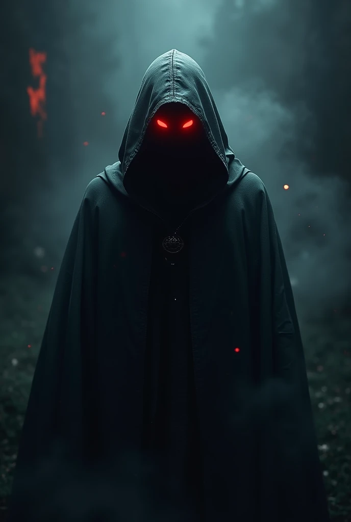 Create the image of a hooded mage, with a shadow on his face, while red eyes glow in the darkness 