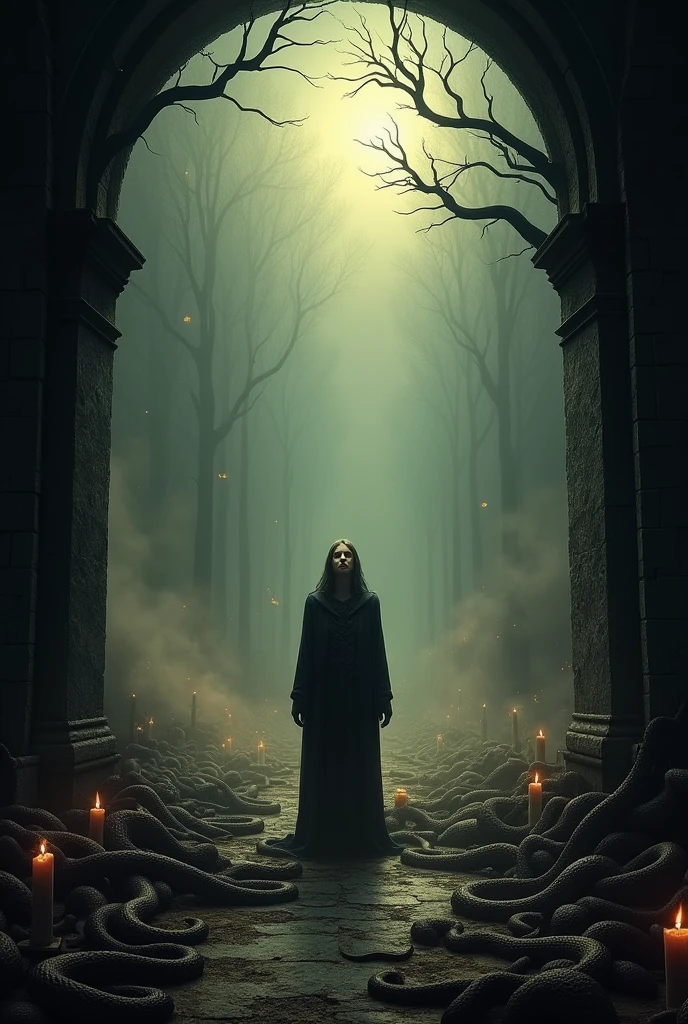 Create a dramatic and somber image that represents the concept of sin.. In the center of the scene, a human figure with a tormented expression, surrounded by serpents and distorted shadows, symbolizing temptations and forbidden desires. The figure stands in an environment that blends gothic elements, like dark arches and melting candles, Against a desolate natural backdrop,, like a dead forest or a barren desert in the background, a distant light struggles to pierce through.