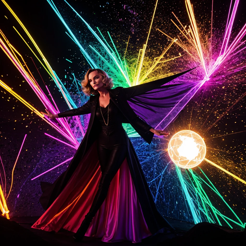 Jessica Lange warlock magic explosion, colorful neon space 