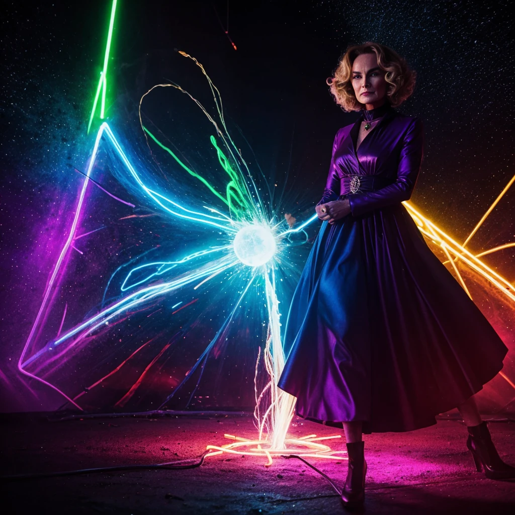 Jessica Lange warlock magic explosion, colorful neon space 