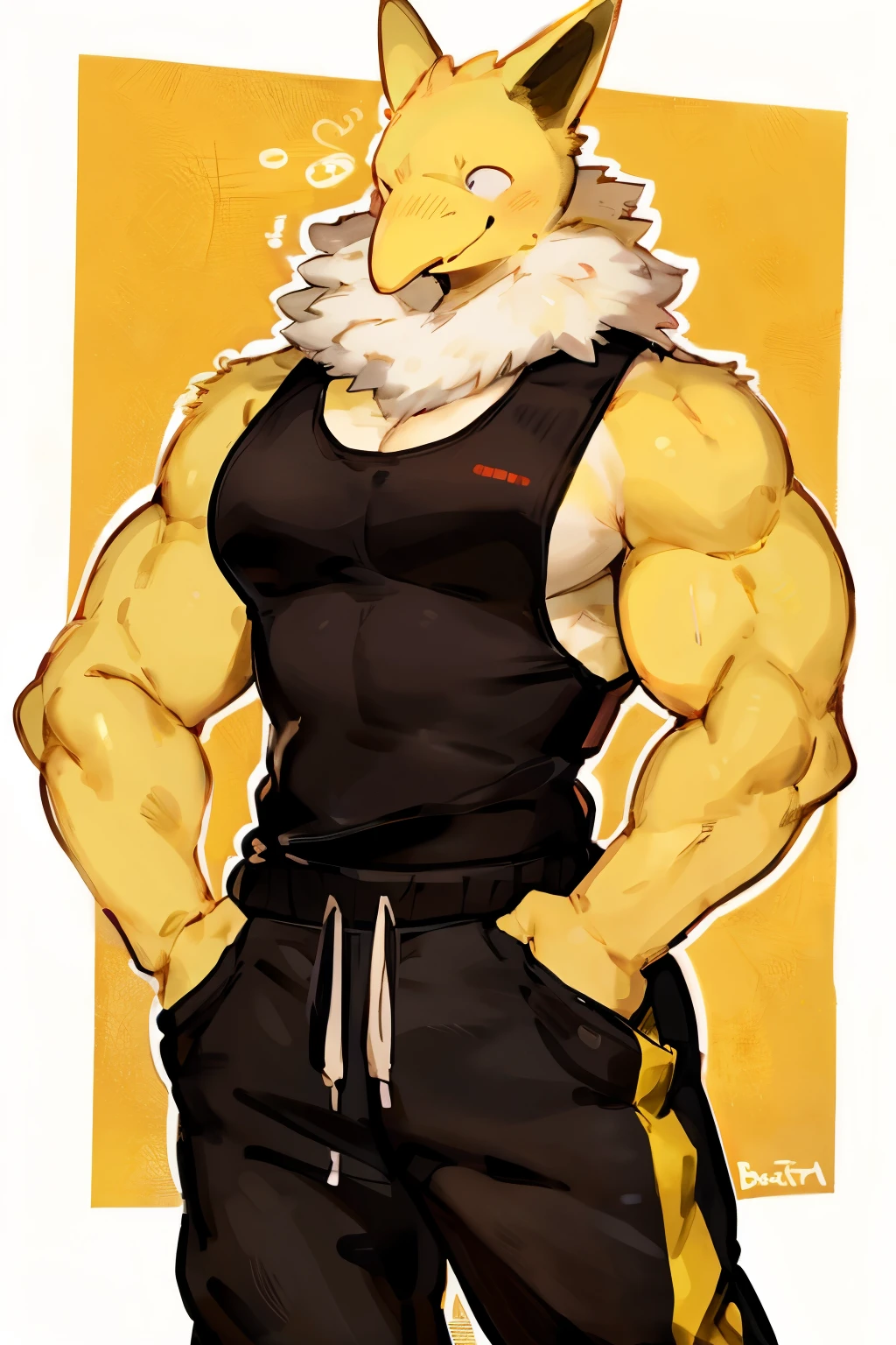 Furry, Anthro, solo, Hypno, Male, (((muscular body, massive male pectorals, yellow-gold skin, fluffy neck, wearing white fur around neck))), ((((massive biceps, wide-eyed, head tilted, jojo pose)))), ((((((massive bulky torso, happy, wearing black full male tanktop, wearing black sweatpants)))))), upper body, black/yellow spraypainted background, by buta99, by zackary911, by bebebebebe, (((digital painting)))