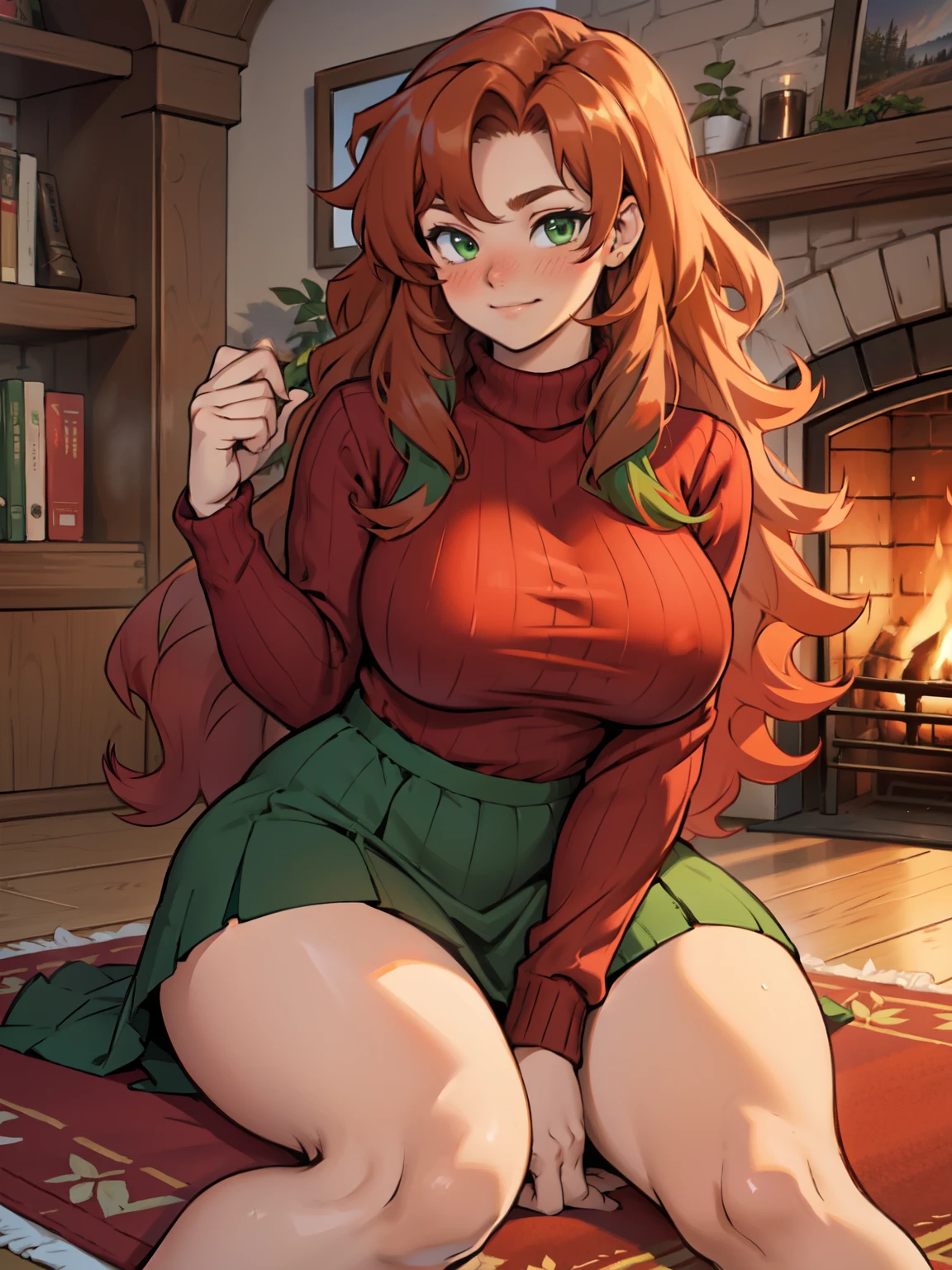 girl redhead green eyes wavy hair curly hair voluminous hair joyful cozy indoors red sweater home warm fireplace massive breasts thick blush sitting on the carpet