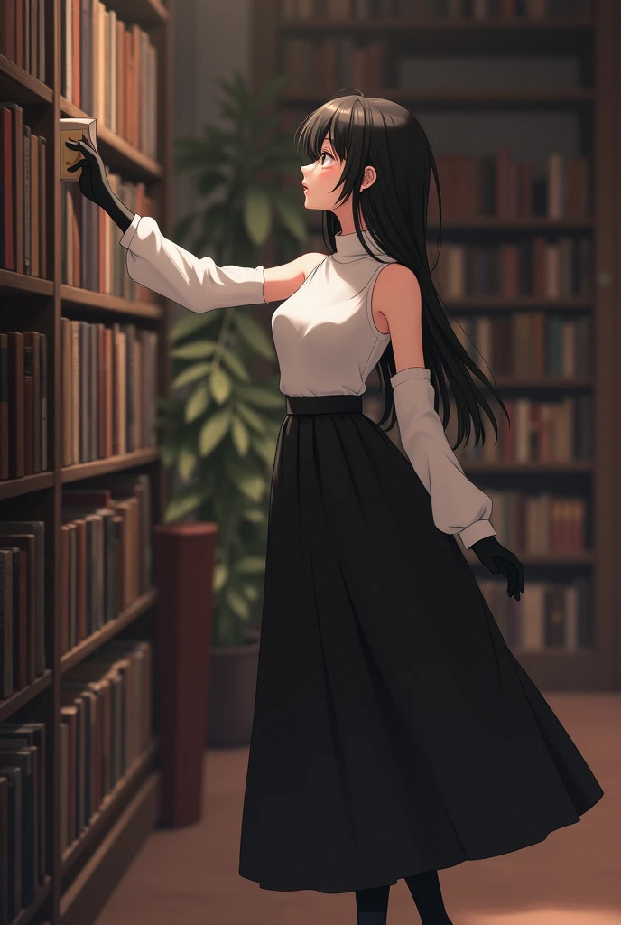 girl wearing blue sleeveless turtleneck tucked in long black skirt with black socks and black shoes and also black gloves while rasing her arm to reach for books