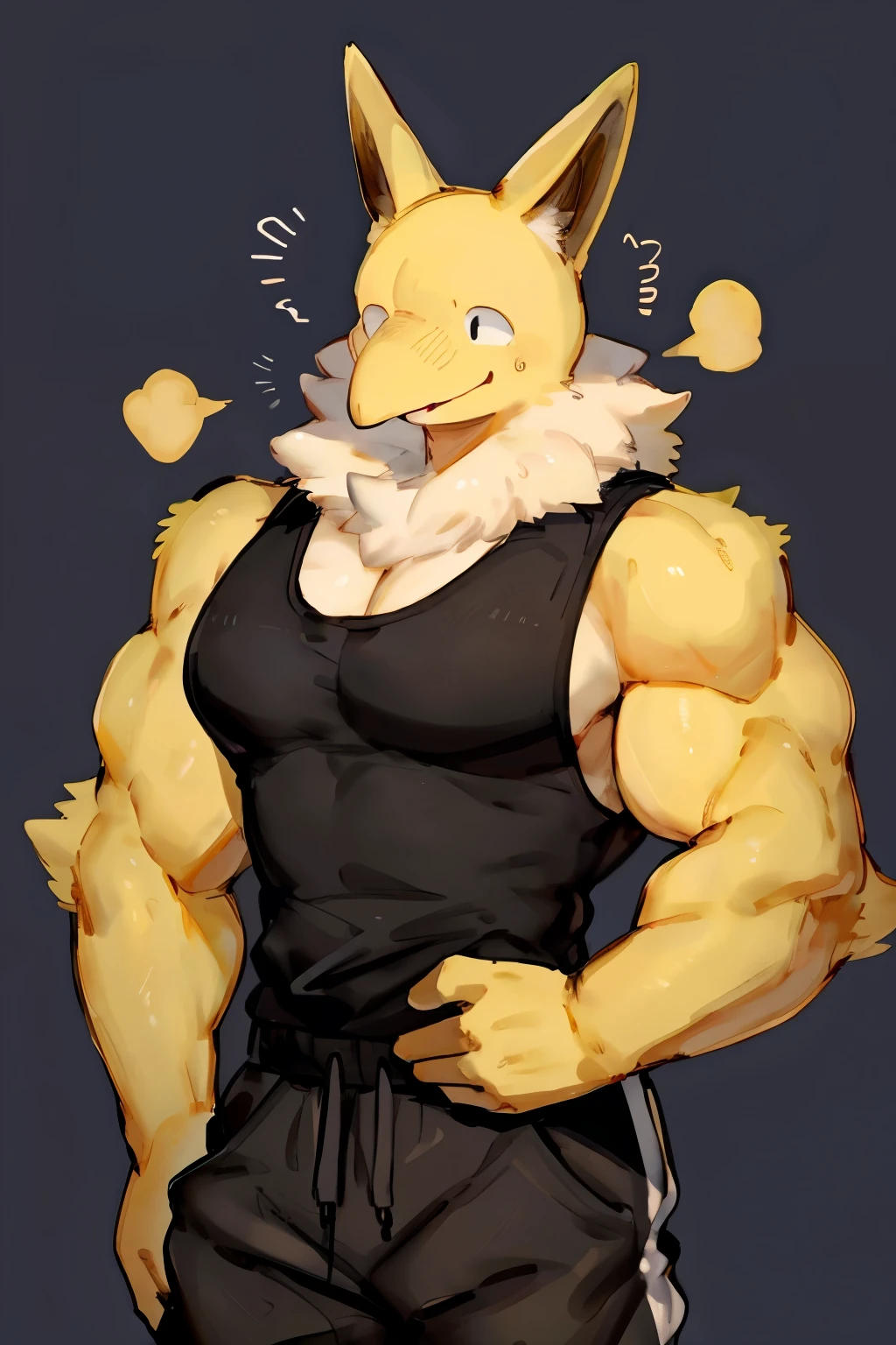 Furry, Anthro, solo, Hypno, Male, (((muscular body, massive male pectorals, yellow-gold skin, fluffy neck, wearing white fur around neck))), ((((massive biceps, wide-eyed, head tilted, jojo pose)))), ((((((massive bulky torso, happy, wearing black full male tanktop, wearing black sweatpants)))))), upper body, black/yellow spraypainted background, by buta99, by zackary911, by bebebebebe, (((digital painting)))