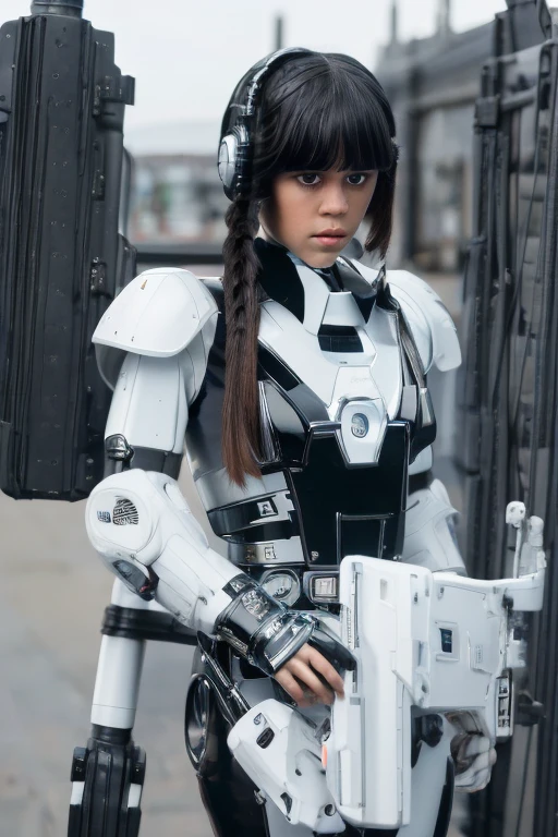 masterpiece, best quality, extremely detailed,8k portrait, jenna ortega android girl,Plump ,control panels,robot arms,robot,android,cyborg,white robot body,blunt bangs,robot repair plant,black knee high socks,（closing eyes:1.5）