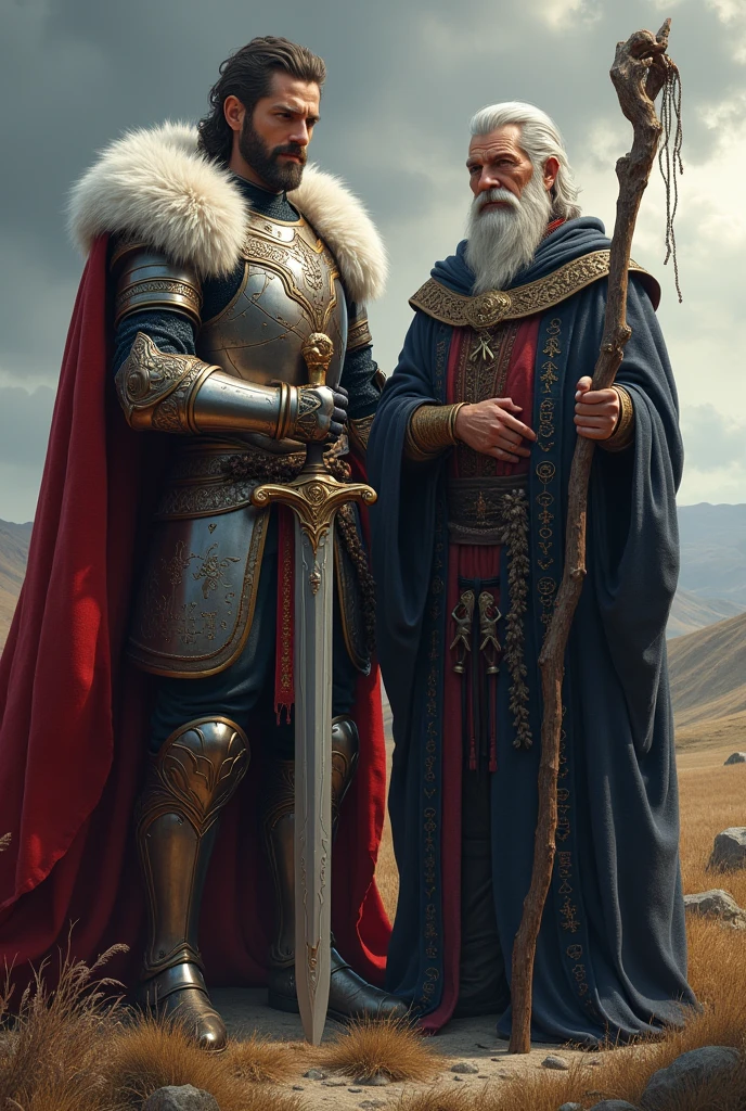 Here are 2 characters, a King who is like this:
 wears elaborate armor, with a royal cloak. He is depicted with the famous sword Excalibur.. Their clothes are richly decorated, indicating his position as king.

 
 and a Wizard who is like that: long dark or blue cloaks, often hooded. He carries a staff and wears magical symbols on his clothes..