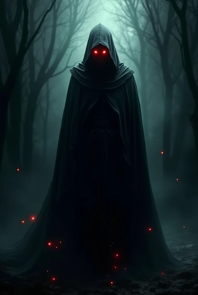 Create the image of a hooded mage, with a shadow on his face, while red eyes glow in the darkness 