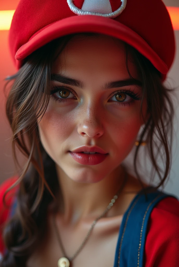 ung girl, beautiful detailed eyes, beautiful detailed lips, extremely detailed face and features, long eyelashes, super realistic, エロチックなsuper mario cosplay, beautiful girl, highly detailed, intricate details, cinematic lighting, masterpiece, hyperrealistic, 8k, photorealistic, sharp focus, studio lighting, professional portrait, vivid colors, dynamic pose, confident expression