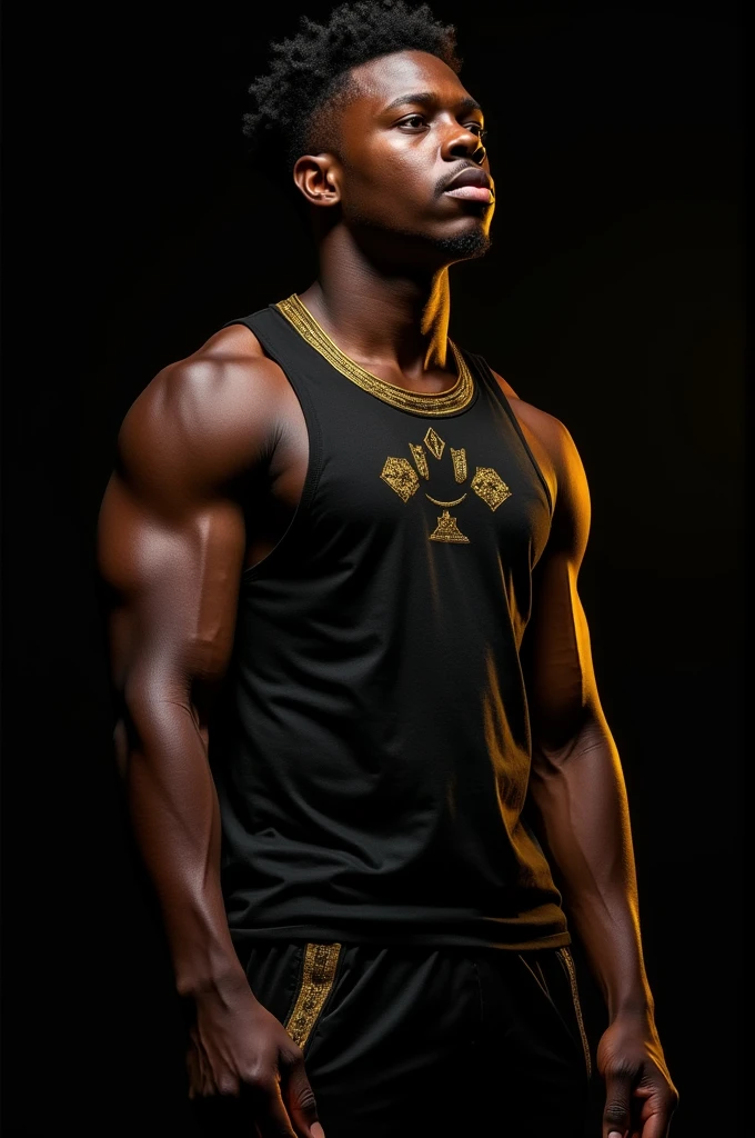 Generate a image with a male black teenager in it with main colors black and gold, 