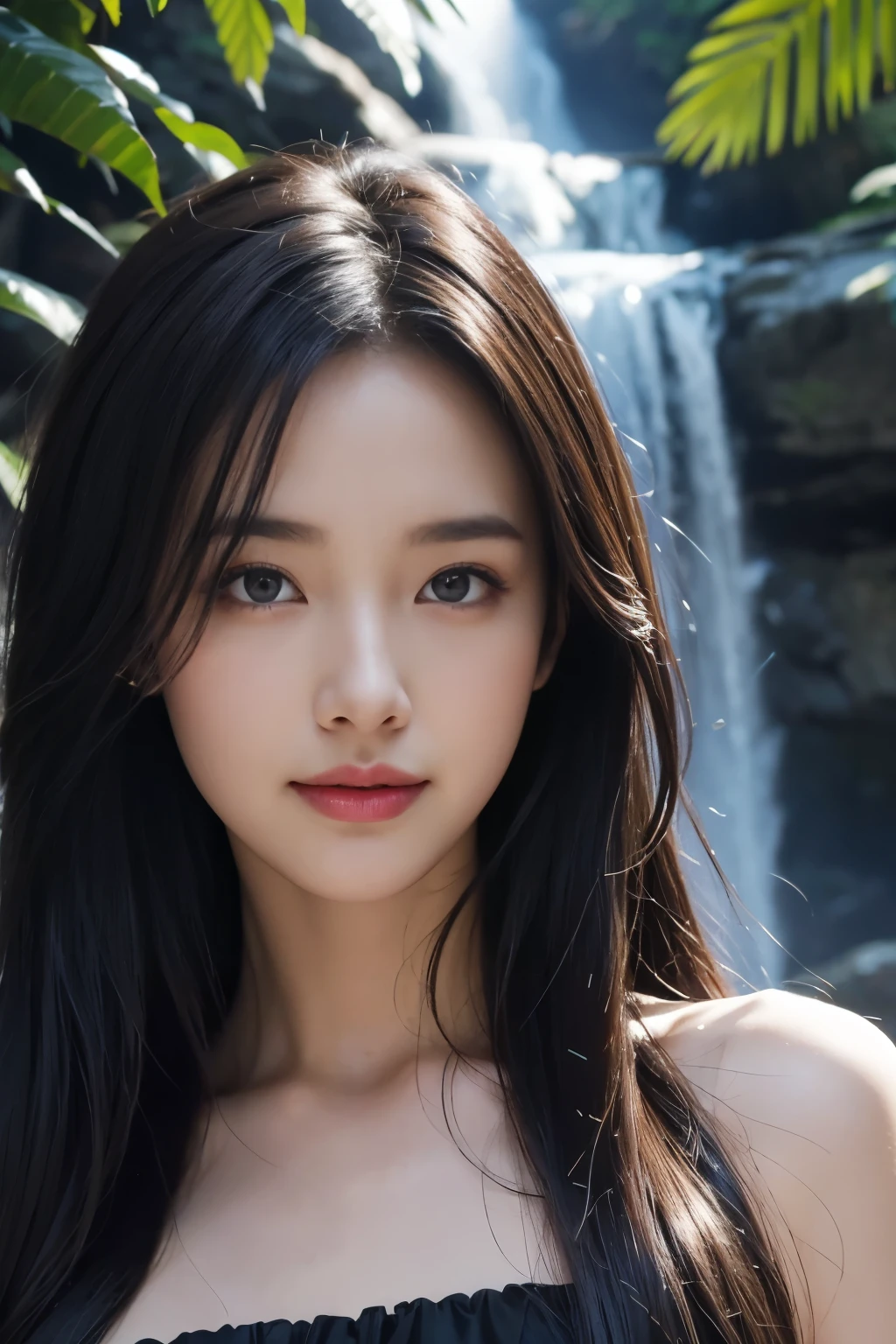 (ultra realistic) , (illustration), (increase resolution), (8K), (extremely detailed), (best illustration), (beautiful detailed eyes), (best quality), (ultra-detailed), (masterpiece), (wallpaper), (detailed face), 1 girl, black straight hair, slender body, delicate details, in the dark, deep shadow, low key, pureerosfaceace_v1, happy smile, summer dress, waterfall, rainforest