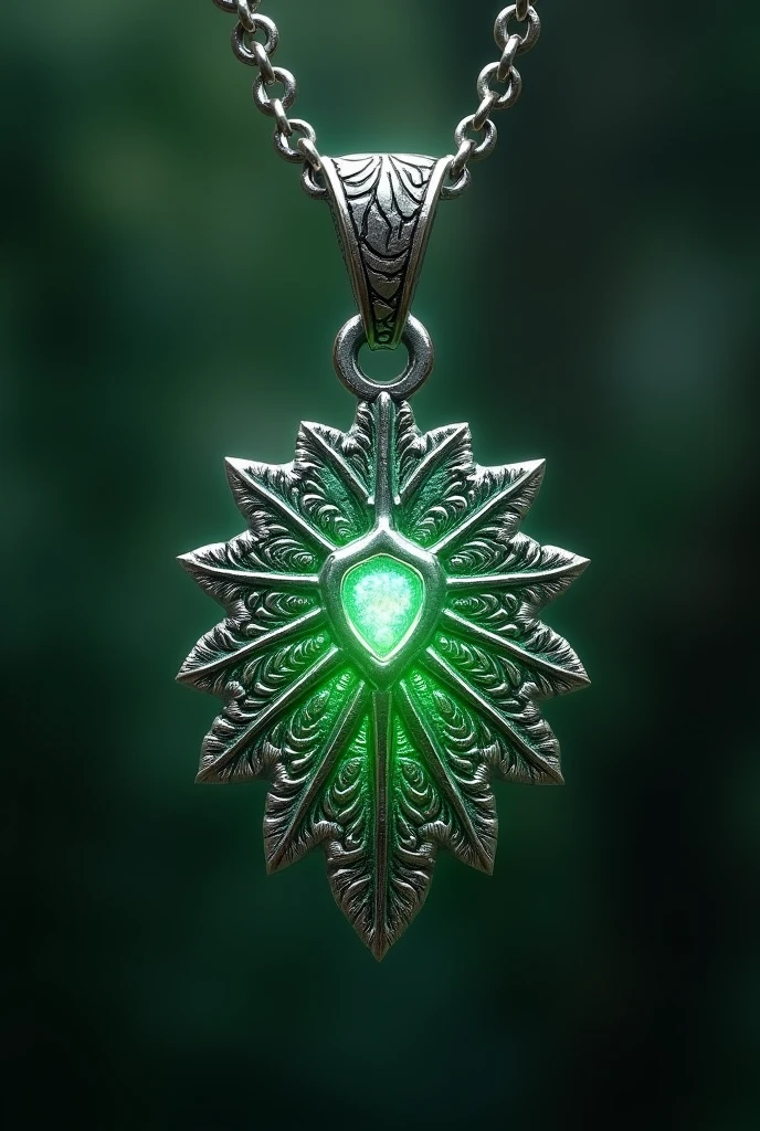 The Amulet of Protection is a small silver pendant in the shape of an oak leaf, with delicate carved details that gleam with a faint emerald green hue. In the center of the sheet, There's a small, shimmering gem, that seems to pulse with a soft light whenever the amulet is activated.