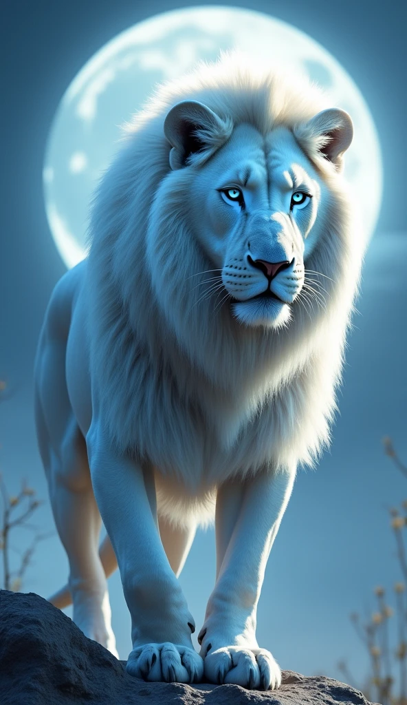 Create an Albino Lion, strong and beautiful with blue eyes at night under the moonlight with focus on the Lion's face 