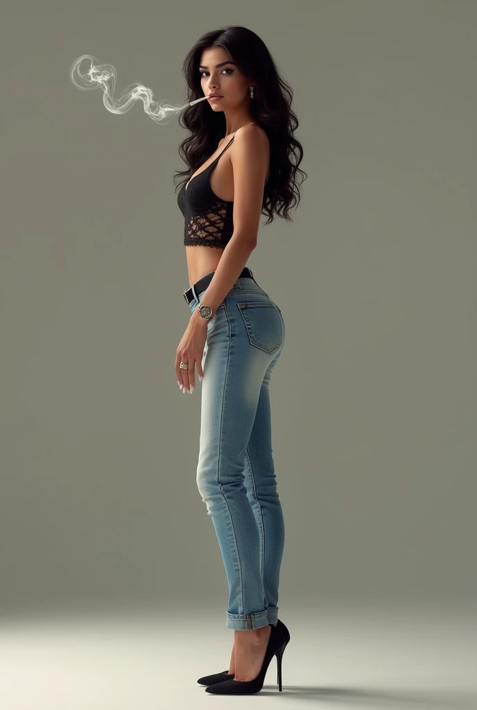 Woman 30 years old, Arabian face with wavy hair, with high heels escarpins, large light blue jeans, smoking a cigarette exhaling 