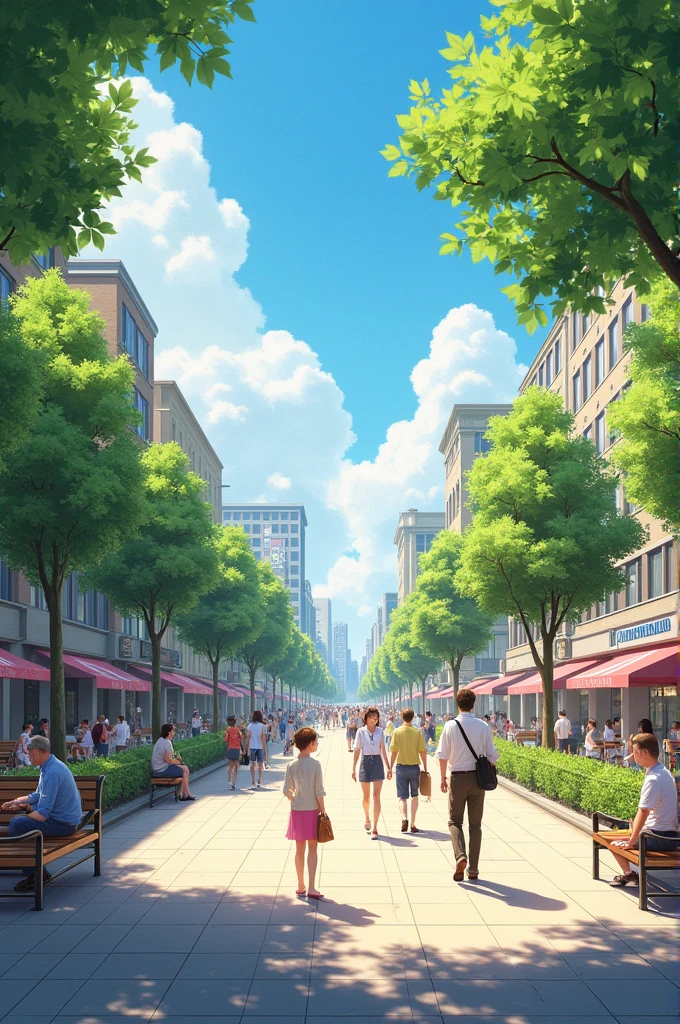 A clean city and people enjoying the sun