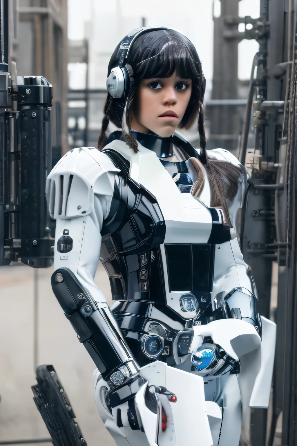 masterpiece, best quality, extremely detailed,8k portrait, jenna ortega android girl,Plump ,control panels,robot arms,robot,android,cyborg,white robot body,blunt bangs,robot repair plant,black knee high socks,（closing eyes:1.5）