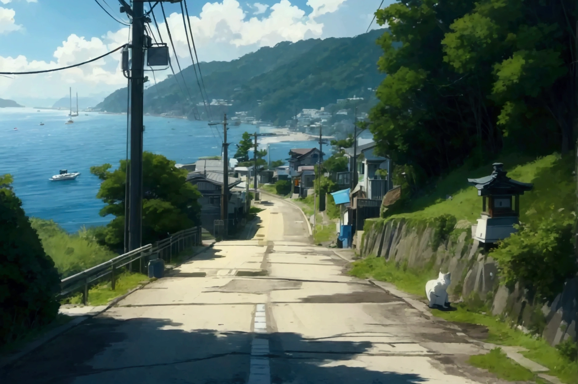 Side view of a coastal road descending towards a small harbor, captured in an anime style artwork. The road is steep, with a guardrail on the left and a small green hill on the right. The asphalt appears slightly worn with some cracks, and a manhole is visible on the road. The coastal area in the background includes a blue ocean with a few boats and a small dock. The scene is bathed in bright, natural sunlight, with shadows cast along the road and guardrail. The general atmosphere is serene and nostalgic, evoking a peaceful Japanese seaside town, on the side of the road a small Shinto statue, with a sleeping cat on it, a bicycle is placed on the opposite side of the road.