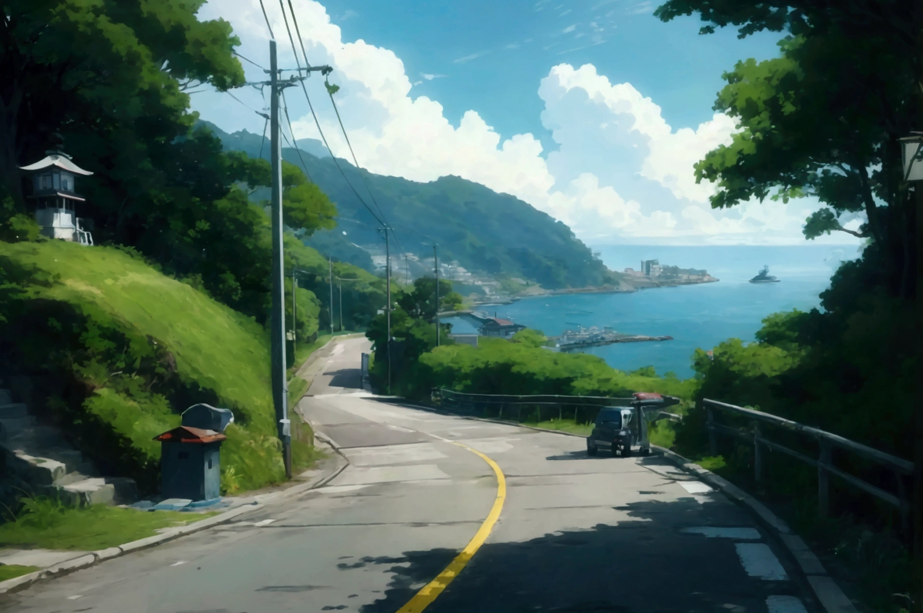 Side view of a coastal road descending towards a small harbor, captured in an anime style artwork. The road is steep, with a guardrail on the left and a small green hill on the right. The asphalt appears slightly worn with some cracks, and a manhole is visible on the road. The coastal area in the background includes a blue ocean with a few boats and a small dock. The scene is bathed in bright, natural sunlight, with shadows cast along the road and guardrail. The general atmosphere is serene and nostalgic, evoking a peaceful Japanese seaside town, on the side of the road a small Shinto statue, with a sleeping cat on it, a bicycle is placed on the opposite side of the road.