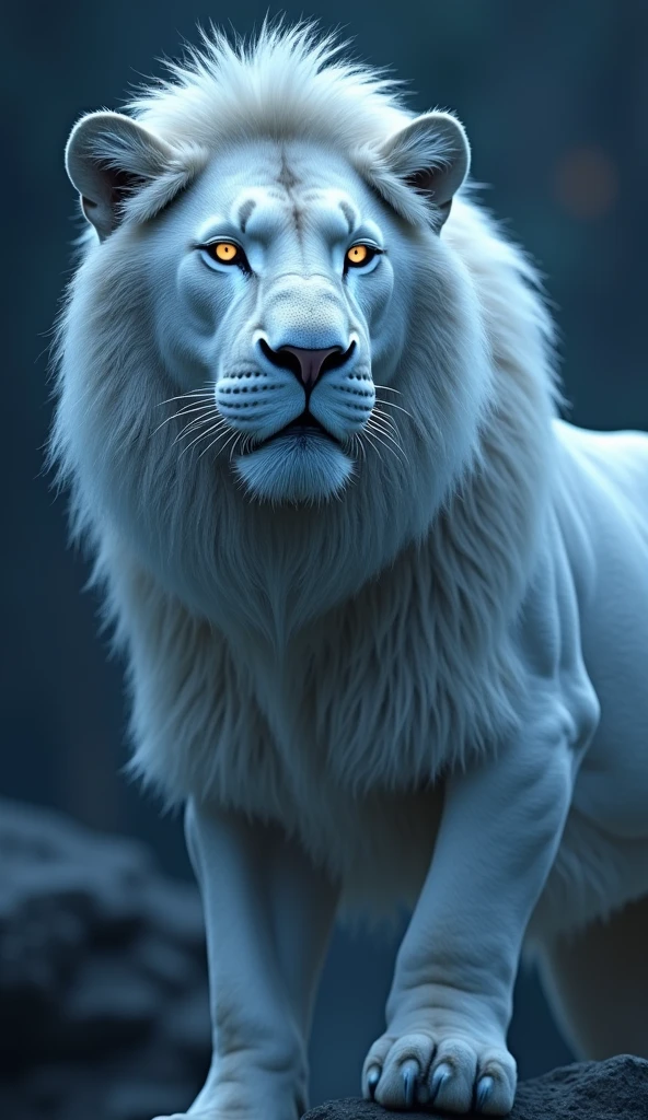 Create an Albino Lion, strong and beautiful with blue eyes at night under the moonlight with focus on the Lion's face 