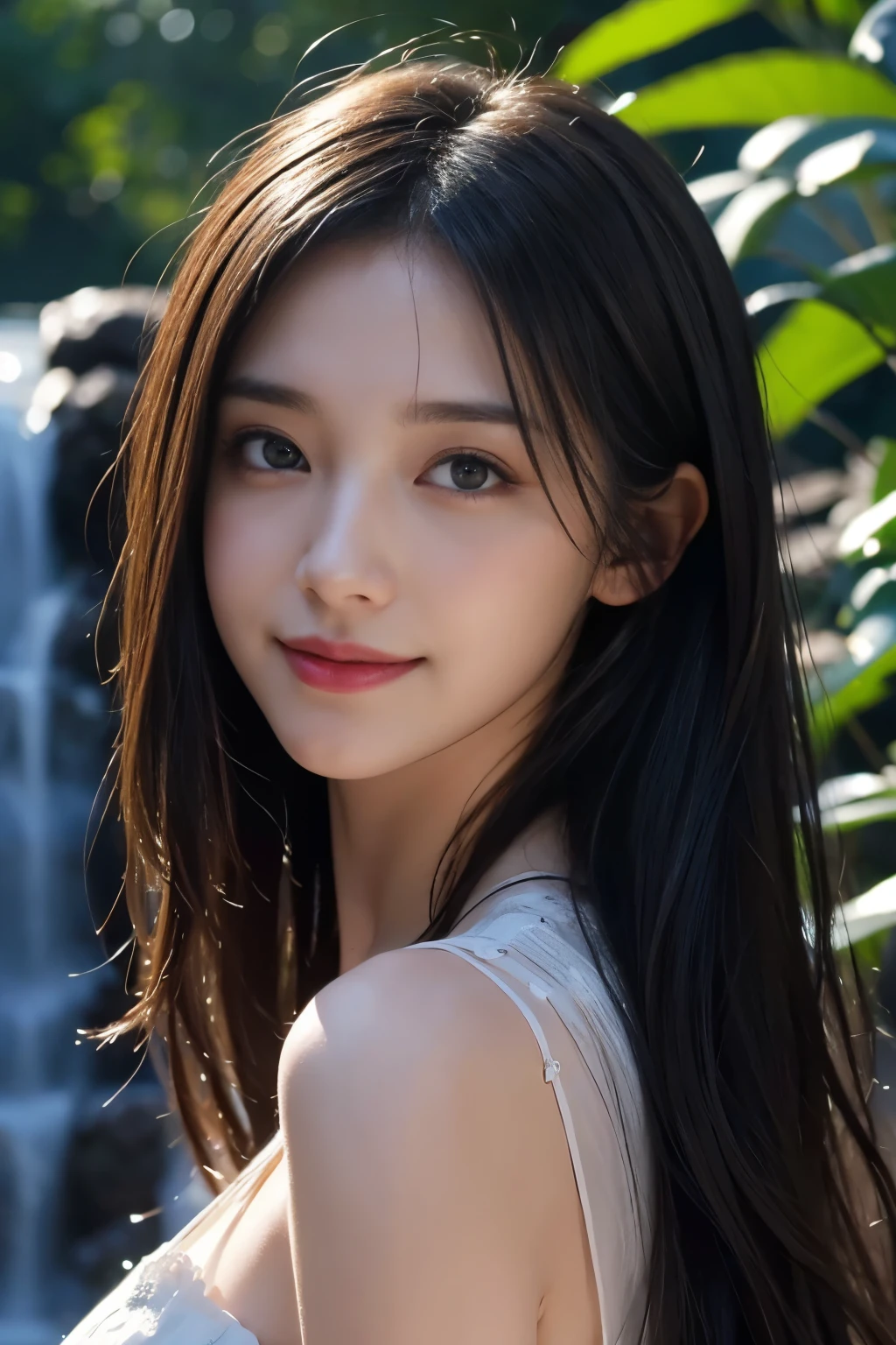 (ultra realistic) , (illustration), (increase resolution), (8K), (extremely detailed), (best illustration), (beautiful detailed eyes), (best quality), (ultra-detailed), (masterpiece), (wallpaper), (detailed face), 1 girl, black straight hair, slender body, delicate details, in the dark, deep shadow, low key, pureerosfaceace_v1, happy smile, summer dress, waterfall, rainforest