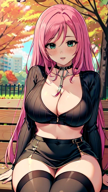 Masterpiece, raw, beautiful art, professional artist, 8k, art style by sciamano240, very detailed face, very detailed hair, 1 woman, perfectly drawn body, beautiful face, long hair, pink hair , very detailed green eyes , rosey cheeks, intricate details in eyes, playful smile, looking directly at viewer , in love with viewer expression, black chocker, lipstick, wearing cute fall clothes, black ribbed crop sweater, short black pencil skirt, dior thigh boots, full body view, sitting on park bench, sunny day fall setting, cleavage exposed