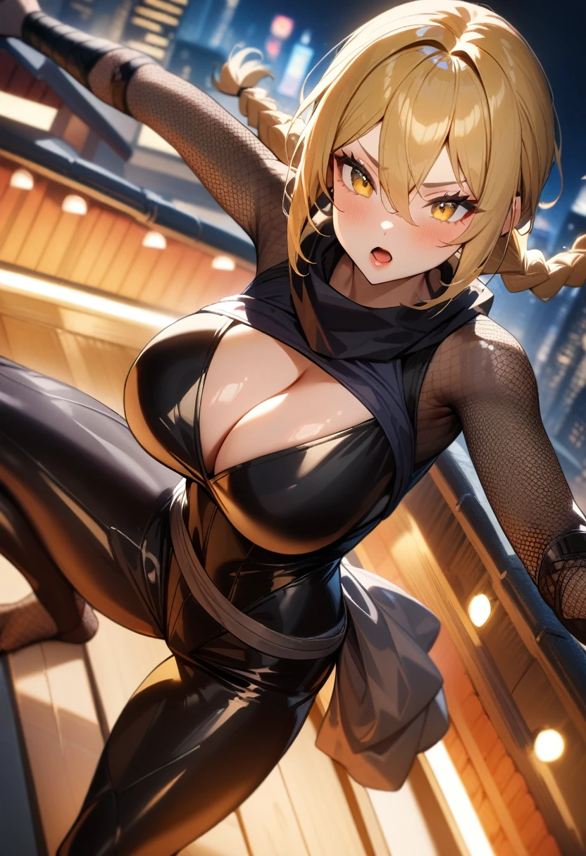 1girl,solo,super detailed skin,shiny skin,natural face,yellow medium hair,hairs between eyes,high-tied twin braids,eyelashes,lips gloss,open mouth,large breasts,fullbodysuit,fishnet arms,cleavage cutout,ninja clothes , fighting action ,night city,rooftop,,masterpiece,best quality,ultra detailed,high resolution,sharp focus