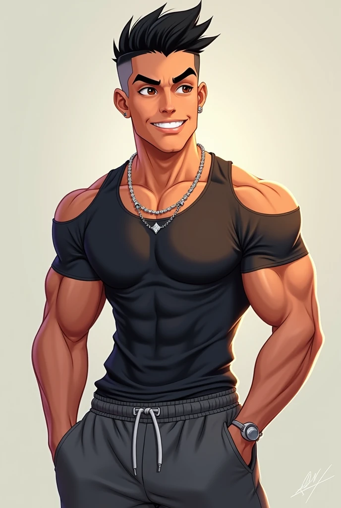2d illustration of a young man whit Shaved black hair, pronounced eyebrows, expressive brown eyes and a sincere and flirtatious smile. Dressed in a tight gym shirt and baggy sweatpants, with thin diamond chains around his neck