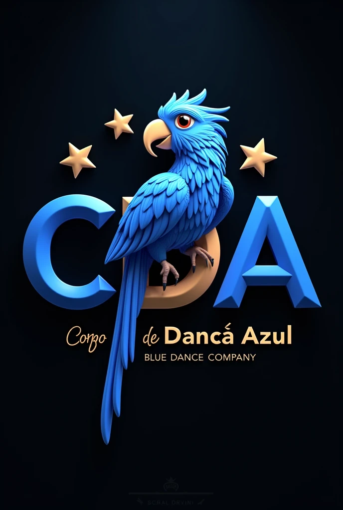 create a 3D logo with the letters CDA, 4 golden stars, black background. a 3D blue macaw and the phrase 'Corpo de Dança Azul'.