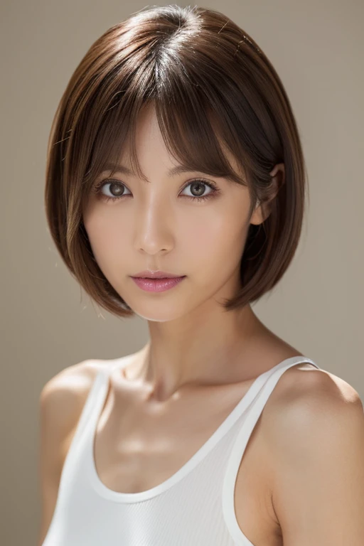 Japanese, short stature woman,  physique, short arm, long slit eyes, fleeting atmosphere, 30 year old, brown bob hair, ((thin lips)), white top and bottom underwear, musterpiece, best quality, detailed skin, detailed face, detailed eyes, 8K, good anatomy, upper body portrait