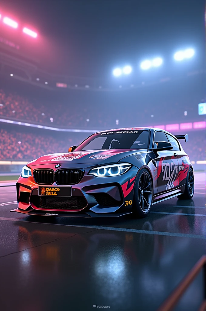 Design a car decal for me featuring the BMW 1 Series that can be used in the video game Rocket League. The design can be creative and include multiple stickers for a unique look.