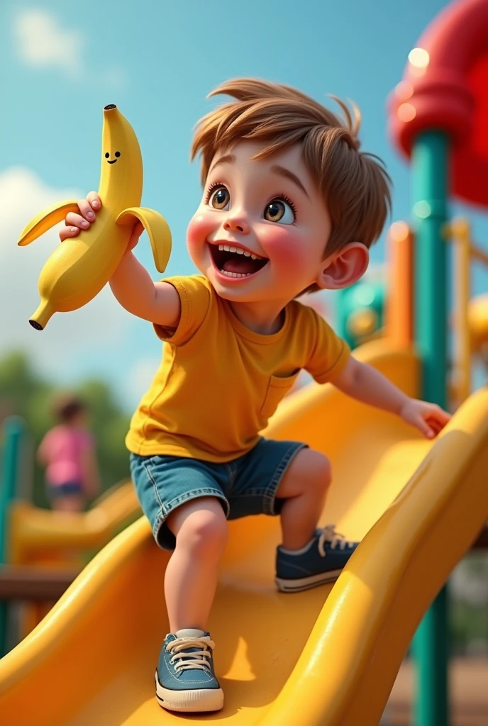 Boy climbing a playground equipment with a peeled banana in his hand, Grinning, glad