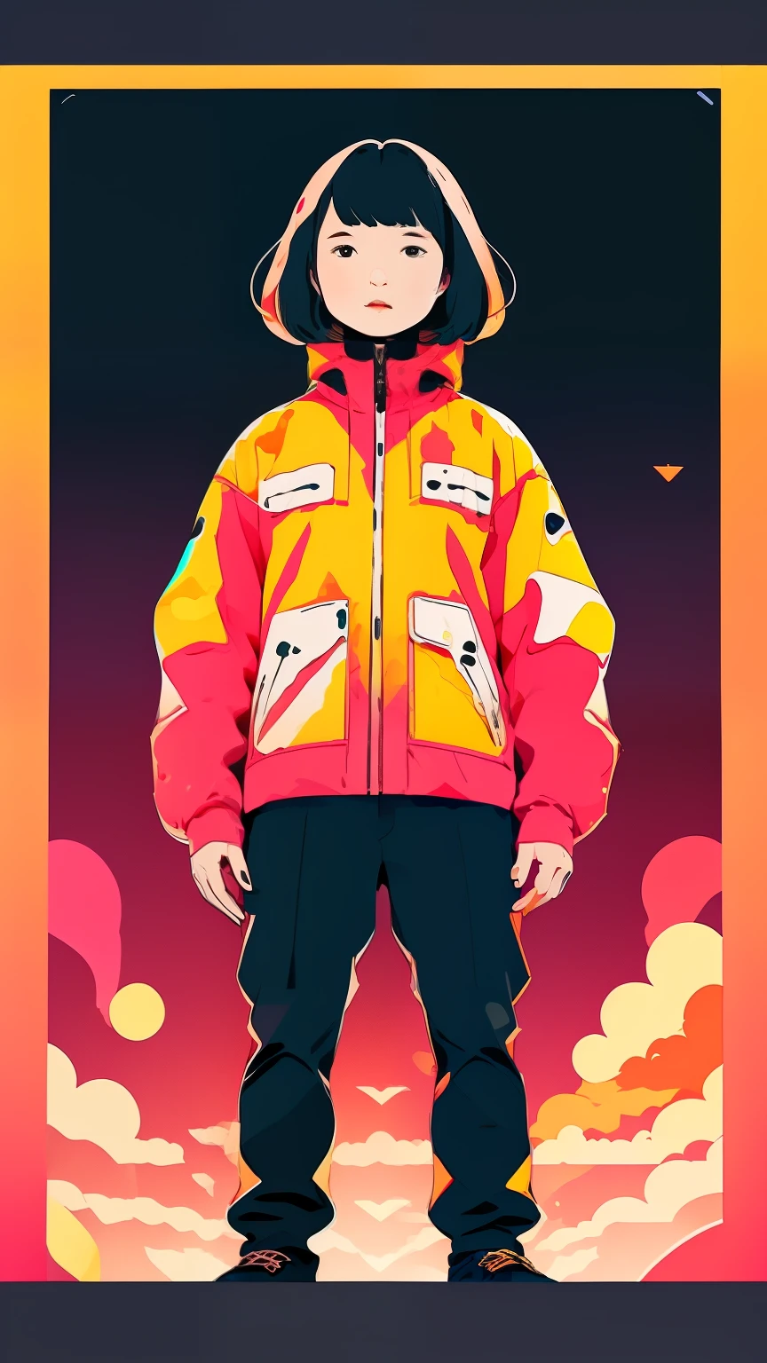 clean、Minimalist、Vector art、gradient cake scary hair、Long Hair、whiteいテックウェアの服、Tactical clothing（orange、white）、strong stroke around image、simple and abstract design paper cute background、Solid color background、Or pastel colors、