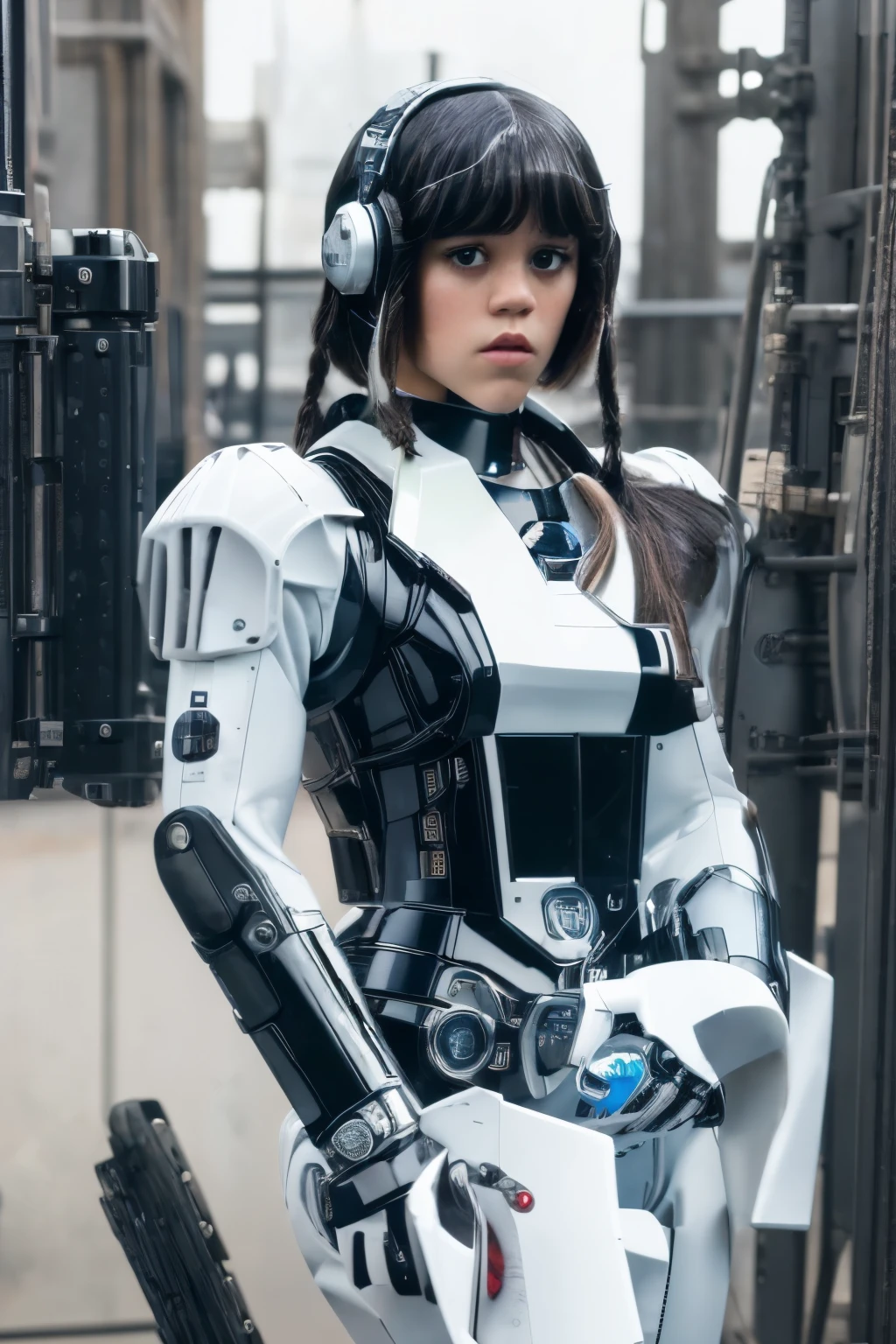 masterpiece, best quality, extremely detailed,8k portrait, jenna ortega android girl,Plump ,control panels,robot arms,robot,android,cyborg,white robot body,blunt bangs,robot repair plant,black knee high socks,（closing eyes:1.5）