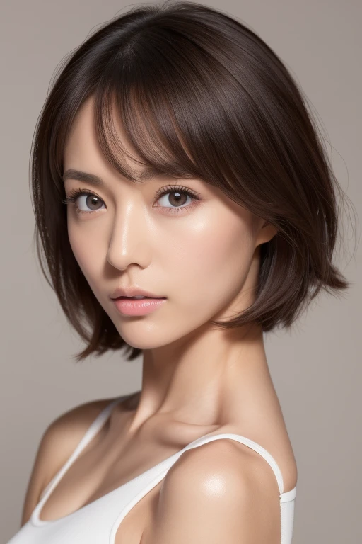 Japanese, short stature woman, physique, short arm, long slit eyes, fleeting atmosphere, 30 year old, brown bob hair, ((thin lips)), white top and bottom underwear, musterpiece, best quality, detailed skin, detailed face, detailed eyes, 8K, good anatomy, upper body portrait