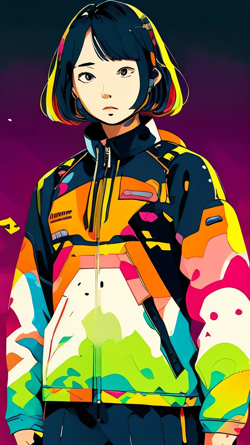 clean、Minimalist、Vector art、gradient cake scary hair、whiteいテックウェアの服、Tactical clothing(orange、white)、strong stroke around image、simple and abstract design paper cute background、Solid color background、Or pastel colors、