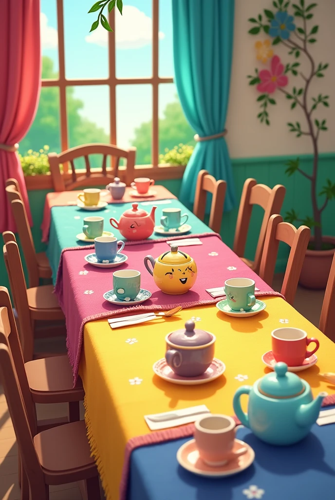 A long table with several tablecloths of different colors red yellow purple green and blue, on top 2 cups and a teapot, with several brown chairs, very lively cartoon design