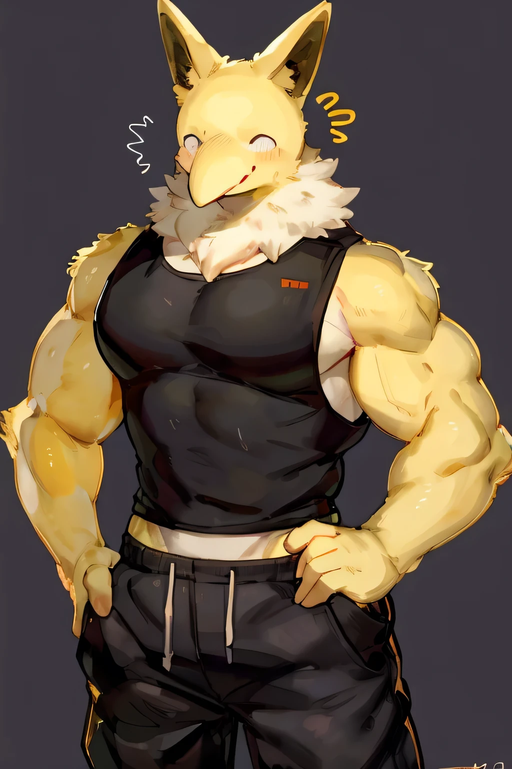 Furry, Anthro, solo, Hypno, Male, (((muscular body, massive male pectorals, yellow-gold skin, fluffy neck, wearing white fur around neck))), ((((massive biceps, wide-eyed, head tilted, jojo pose)))), ((((((massive bulky torso, happy, wearing black full male tanktop, wearing black sweatpants)))))), upper body, black/yellow spraypainted background, by buta99, by zackary911, by bebebebebe, (((digital painting)))