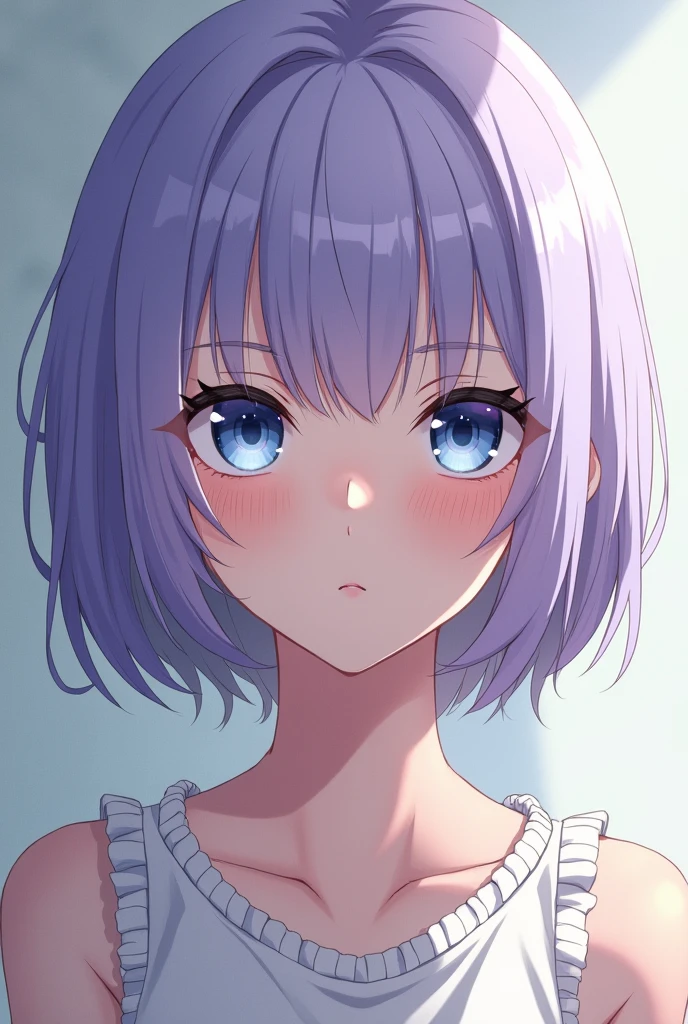 Anime girl with light purple, short hair, blue-white eyes and serious expression
