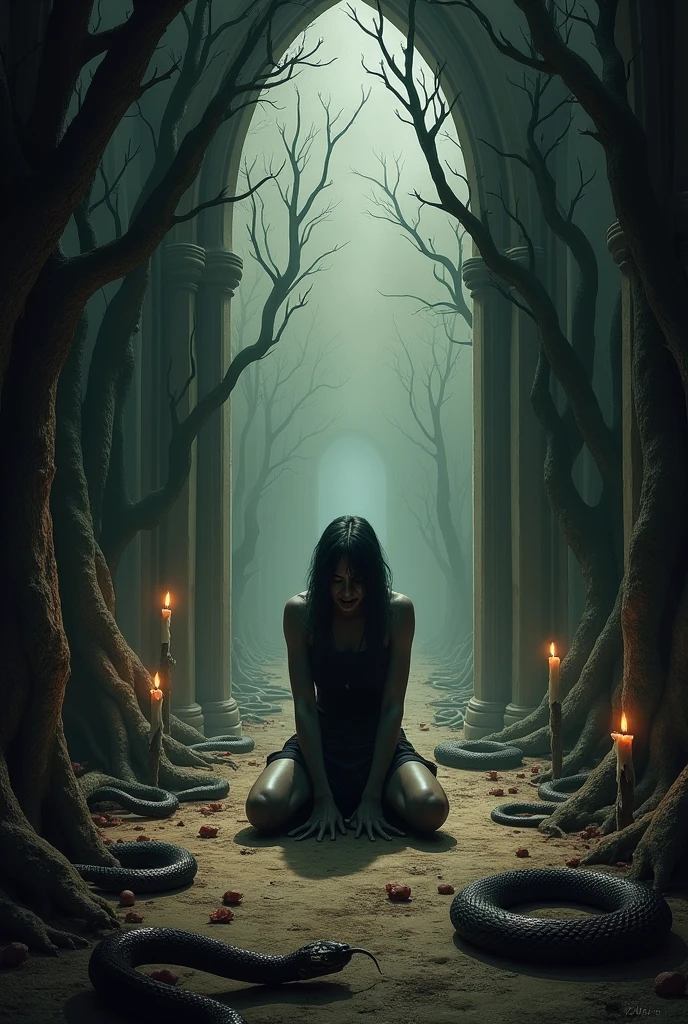 Create a dramatic and somber image that represents the concept of sin.. In the center of the scene, a human figure with a tormented expression kneeling on the ground, surrounded by serpents and distorted shadows, symbolizing temptations and forbidden desires. The figure stands in an environment that blends gothic elements, like dark arches and melting candles, Against a desolate natural backdrop,, like a dead forest or a barren desert in the background, a distant light struggles to pierce through.