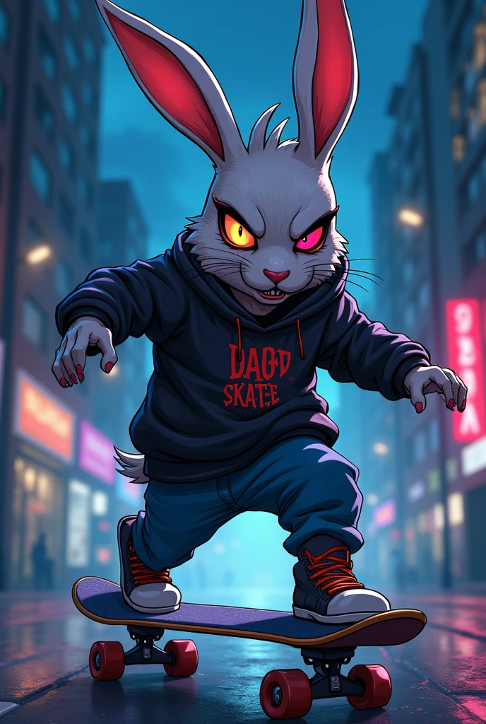Human Rabbit, wearing baggy skater clothes in gangster style, skateboarding, evil face and scar on the eye, a night with shades of lighting pulled towards blue and purple moonlight art style: cartoon