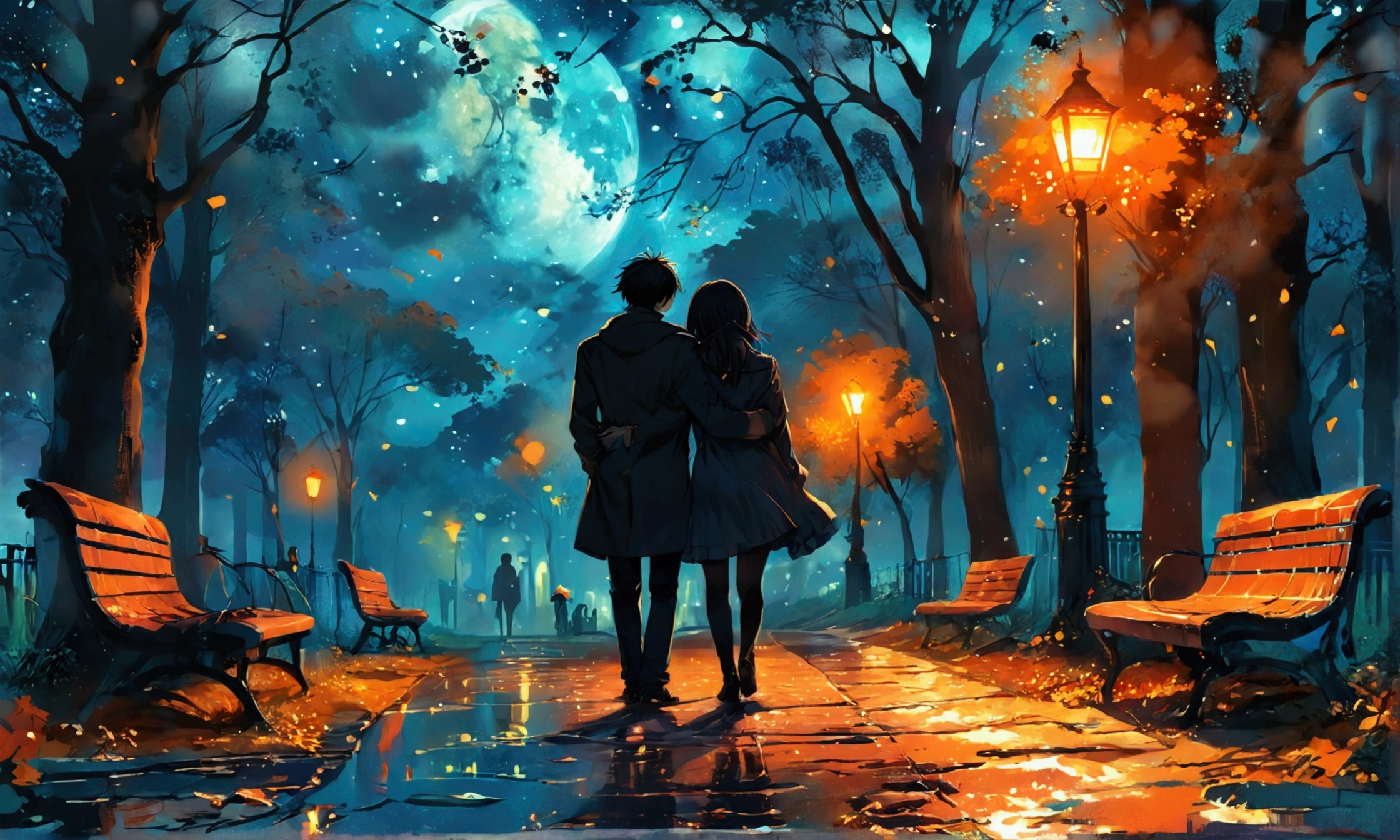 A COUPLE OF LOVERS, NIGHT IN THE PARK,manga style art,manga style art,manga style art,manga style