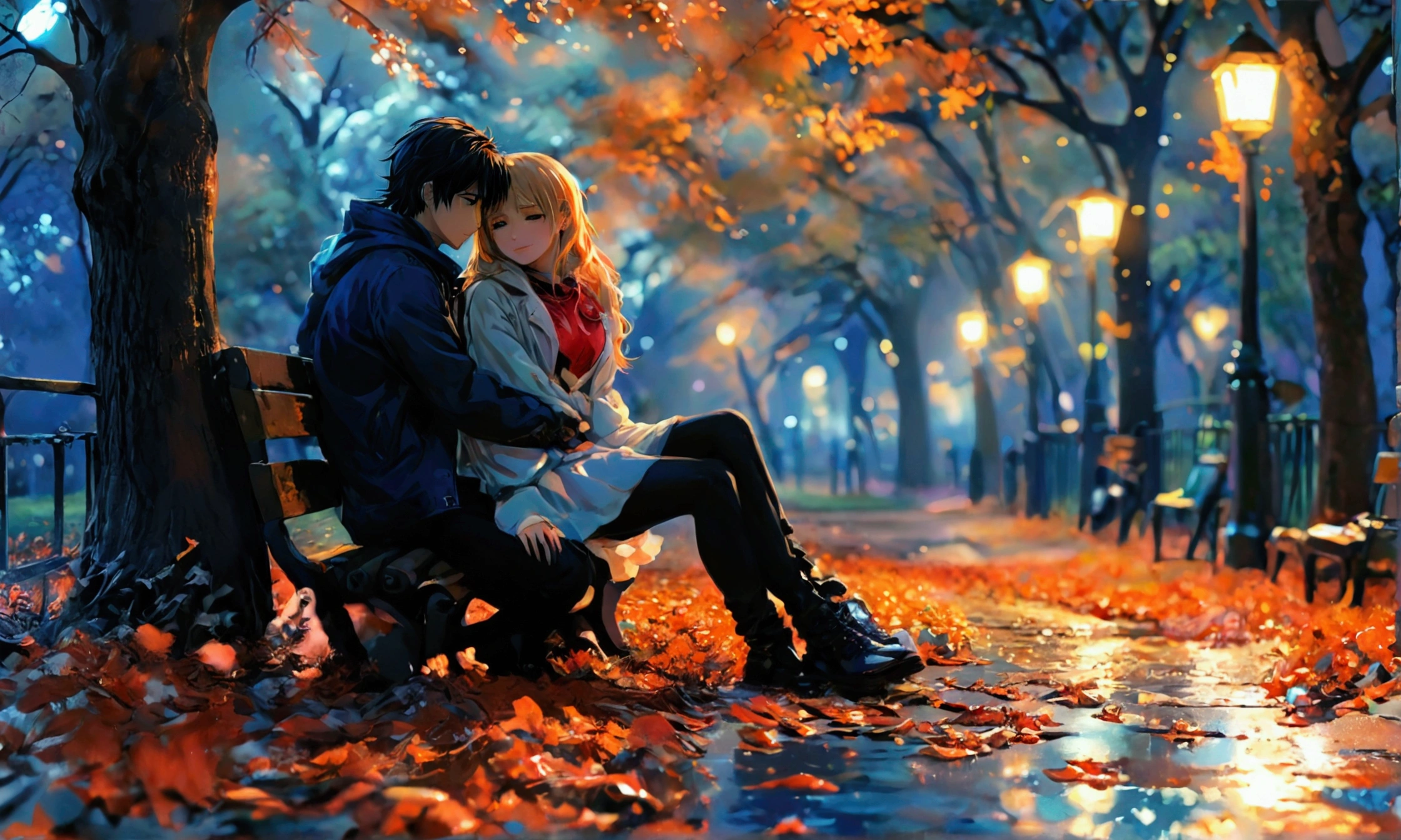 A COUPLE OF LOVERS, NIGHT IN THE PARK,manga style art,manga style art,manga style art,manga style
