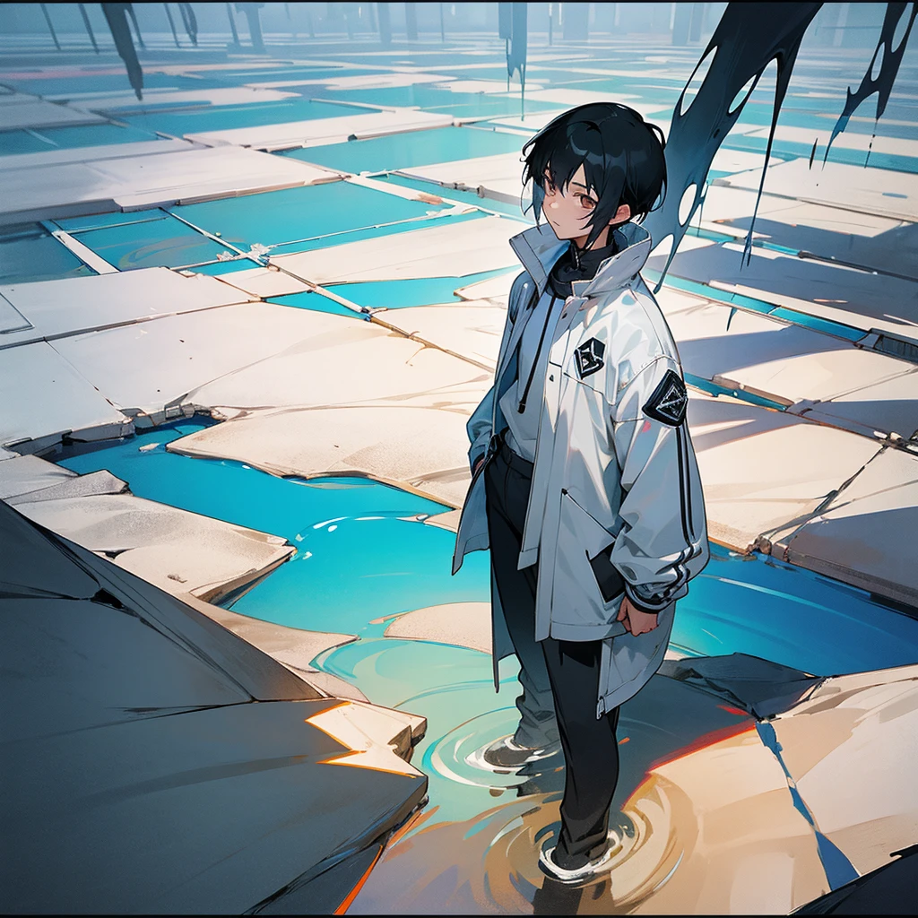 An anime boy with black hair, gray pants, and a white jacket, standing in a black room with water on the floor. Desert view. 