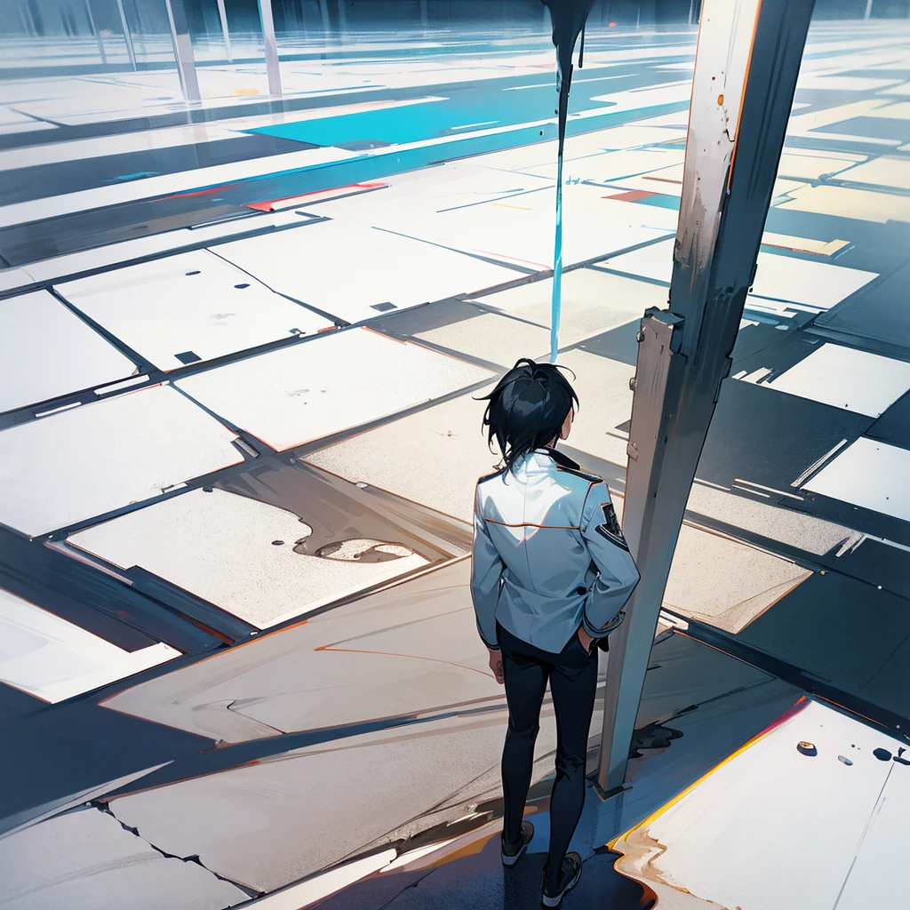 An anime boy with black hair, gray pants, and a white jacket, standing in a black room with water on the floor. Desert view.