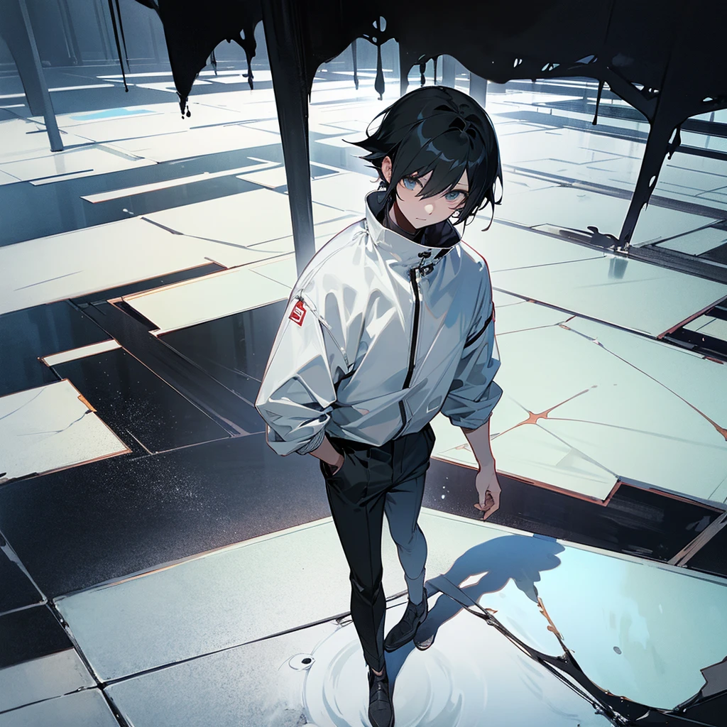 An anime boy with black hair, gray pants, and a white jacket, standing in a black room with water on the floor. Desert view.