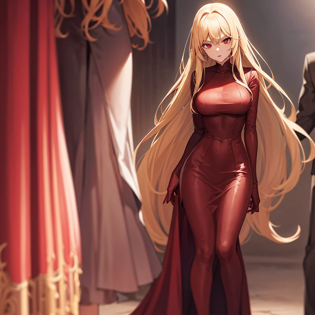 full body teenage woman, long blonde hair with wine red tips, Red eyes con un delineado negro, Red lips, with an elegant dress and next to her a man with spiky ash-blond hair, Red eyes, muscular and in a black suit