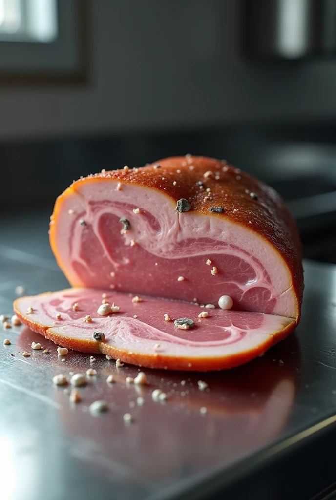 A piece of ham with foreign matter on a metal table