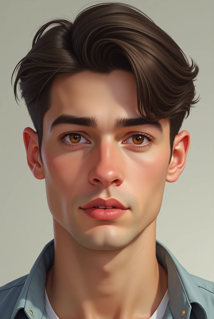 Man with straight dark brown hair and American haircut, Caucasian skin, brown eyes and a concave nose