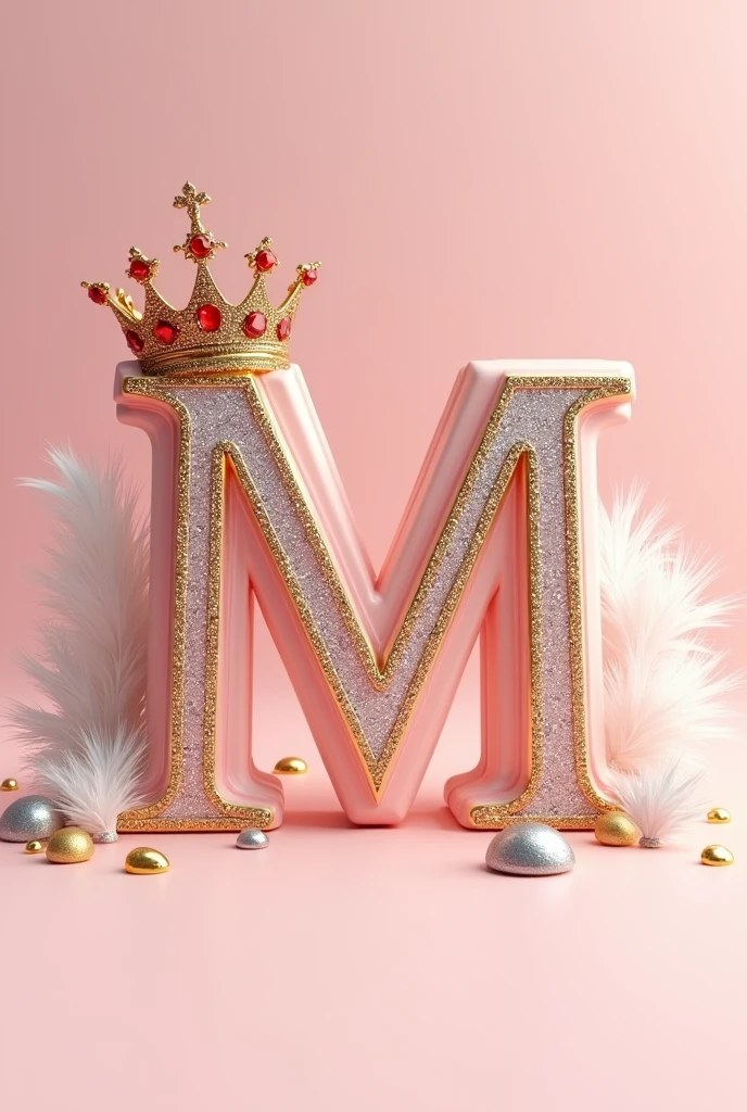 L’image montre un design en 3D du nom “EQcosMétique” écrit en lettres cursives et ornées de diamants et de pierres précieuses. Une couronne dorée, ornée de pierres rouges, est placée au-dessus de la première lettre “M”. Autour du nom, il y a des plumes blanches et dorées ainsi que des pierres précieuses dorées et argentées dispersées. L’ensemble de l’image dégage une impression de luxe, d’élégance et de royauté. Dans un fond rose